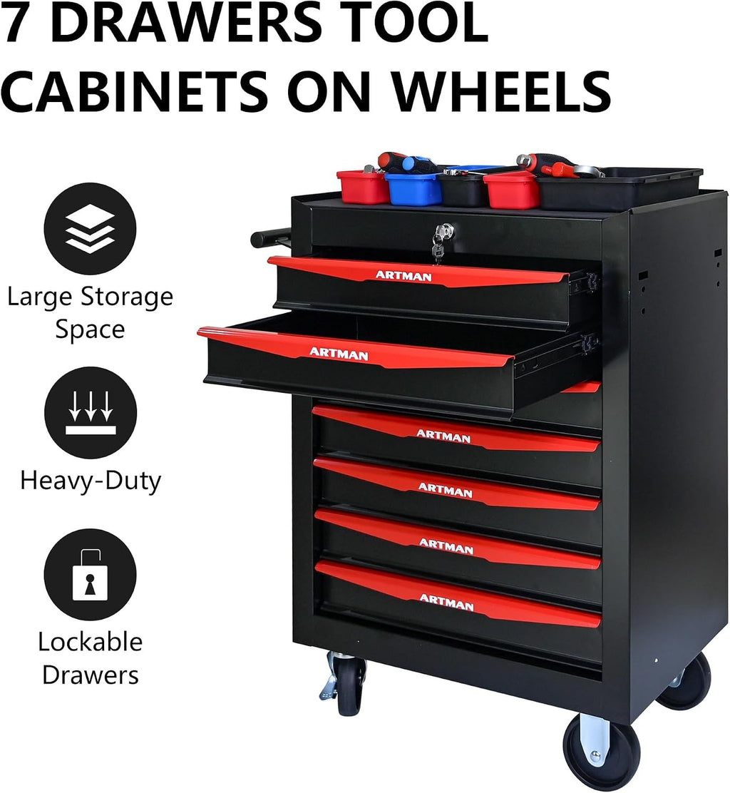 Rolling Metal Tool Chest with 7 Drawers – 20' Steel Tool Storage Box Organizer with Ball Bearing Slides & Lockable Mobile Cabinet on Wheels(Black+Red)