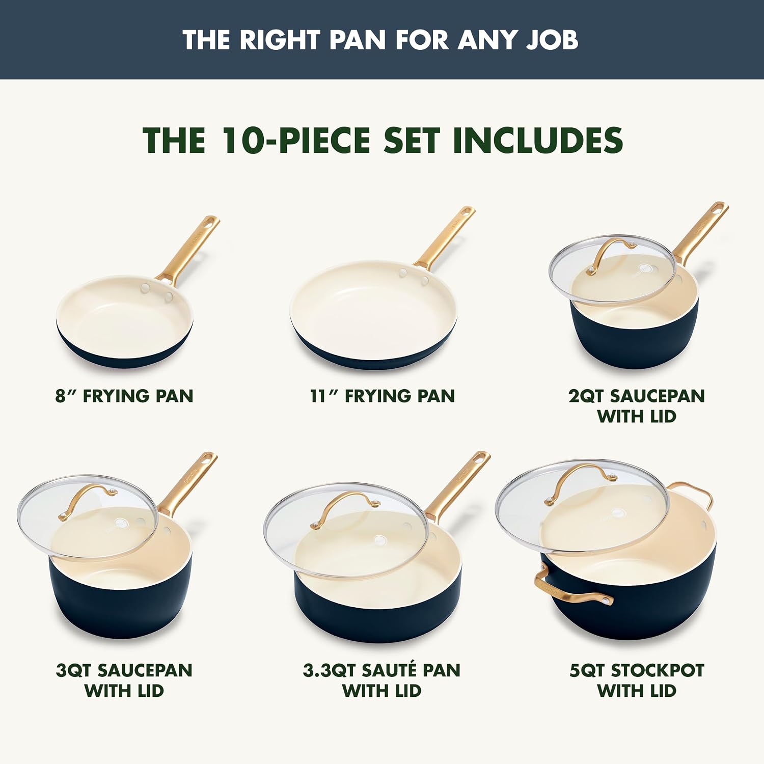 GreenPan Hard Anodized Healthy Ceramic Nonstick 10 Piece Cookware Pots and Pans Set, Gold-Tone Stainless Steel Handles, PFAS & PFOA-Free, Dishwasher Safe, Oven & Broiler Safe, Twilight Blue