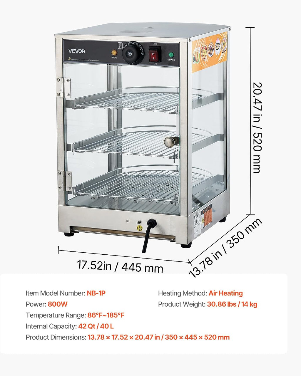 VEVOR 3-Tier Commercial Food Warmer Display, 800W Food Display Warmer with LED Light, Adjustable Shelf and Stainless Steel Frame, 86℉~185℉ Air Heating, 60L for Hamburger, Pizza, Bread, Fried Chicken