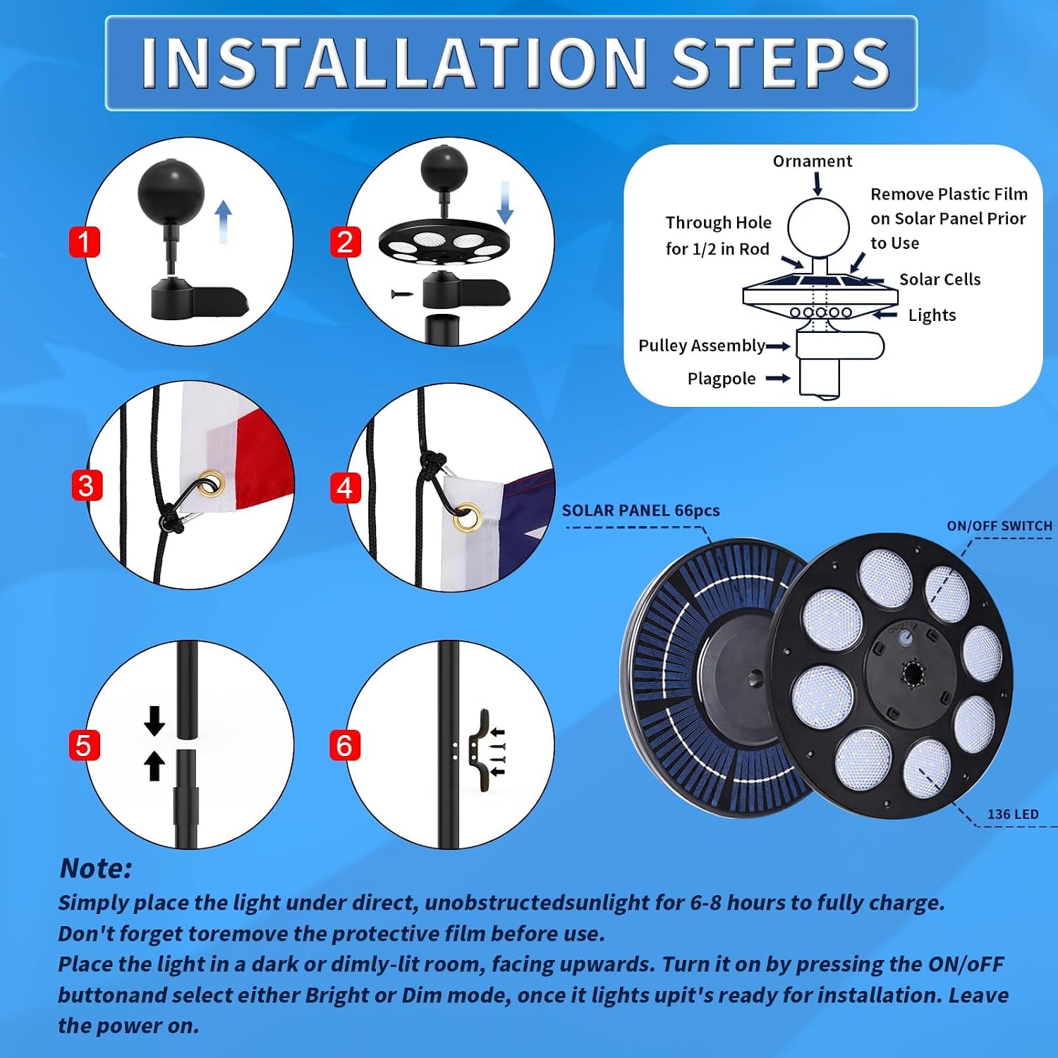 25FT Heavy Duty Flag Pole Kit with Solar Light,14 Gauge Flag Pole for Outside House in Ground Thick Aluminum Flagpoles with 136 LED Light & 3x5 American Flag with Pole for Outside Ip67 Waterproof