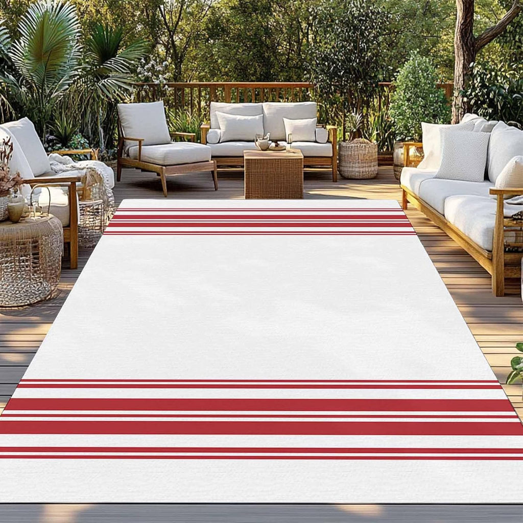 Outdoor Rug 4x6ft Farmhouse Red Stripes Patio Area Rugs Waterproof Easy Cleaning Non Shedding Thick Mats White Carpet for Indoor Outdoor Porch Deck Backyard Balcony