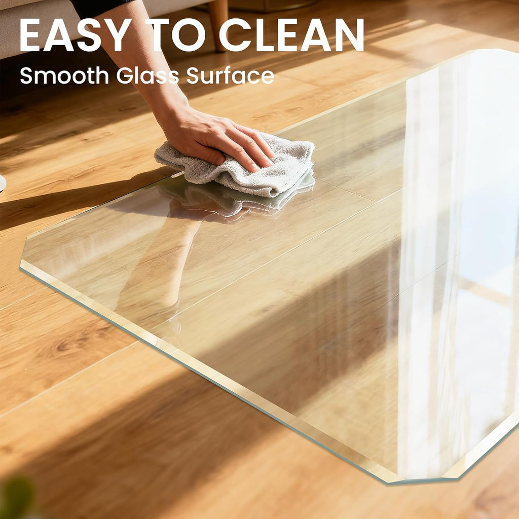 Tempered Glass Chair Mat with Patented Beveled Edge, 46'x55' 1/5' Thick Office Floor Mat for Carpet & Hardwood, w/ 12 Anti-Slip Pads