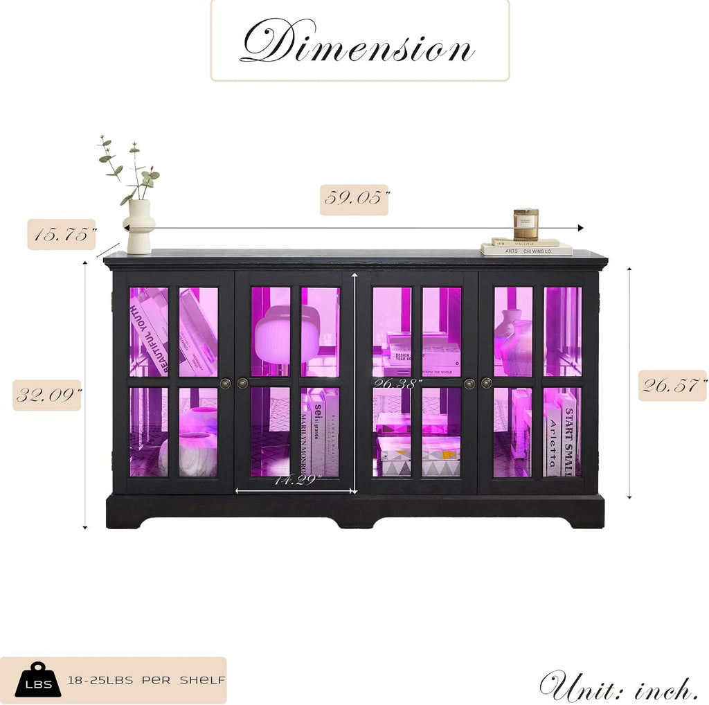 59' W LED Curio Cabinet with 7 Color Lights, Vintage Glass Display Case with Glass Doors, Smartphone-Controlled, Short Wooden China Cabinet with Adjustable Shelves for Living Room, Entryway (Black)