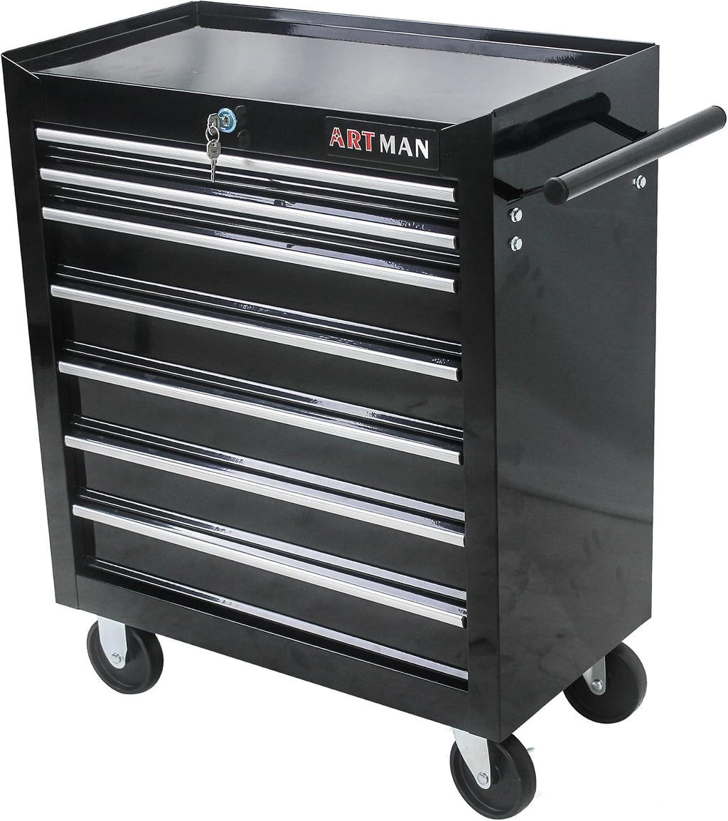 Rolling Tool Cart with 7 Drawers, Lockable Heavy-Duty Steel Cabinet on Wheels, 1000 lb Capacity, Ball-Bearing Slides, Powder-Coated Finish, Black