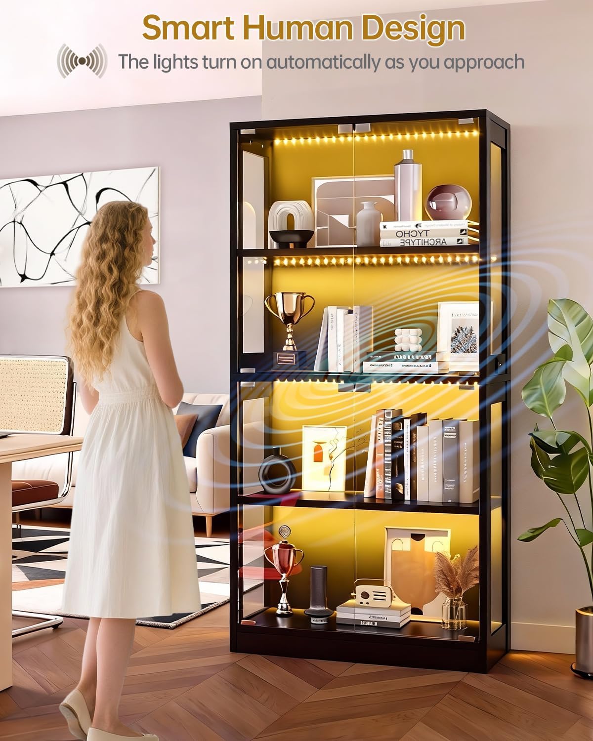 Glass Display Cabinet 2pcs, 65' Tall Display Case with RGB Lights Curio Cabinet with Glass Doors 4-Tier LED Storage Cabinet with Human Body Sensor & Press-To-Open for Collectibles Book Figure(Black)