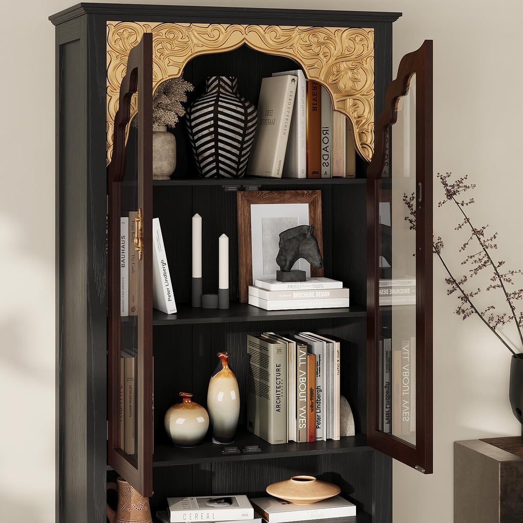 Carved Storage Cabinet with 2 Glass Doors & Drawer, Pooja Mandir with 5-Tier Shelves, Gold Accents, Decorative Cabinet Display Cabinets for Living Room Black and Brown(31.5'W x 15.7'D x 71.8'H)