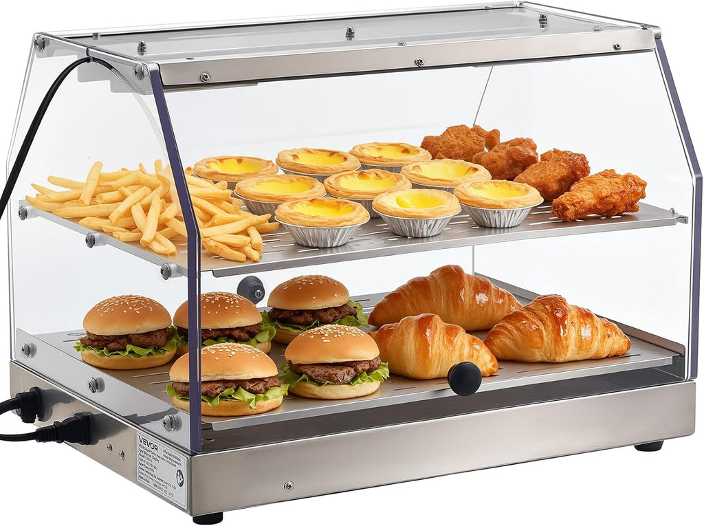 VEVOR 2-Tier Commercial Food Warmer Display, 450W Food Display Warmer with Light, Detachable Shelves and Double-Sided Door Design, 85℉~185℉ Air Heating, 48L for Hamburger, Pizza, Bread, Fried Chicken