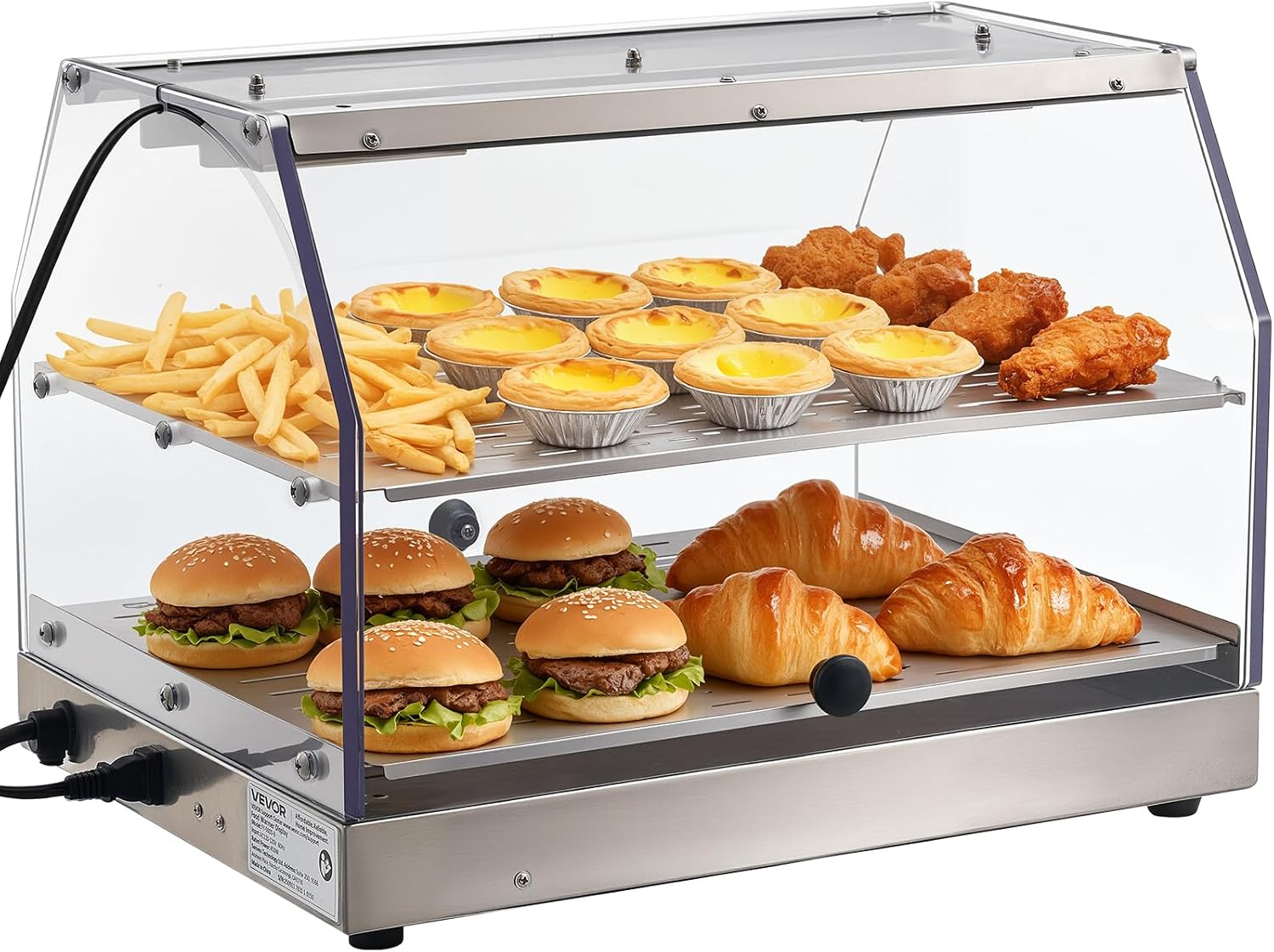 VEVOR 2-Tier Commercial Food Warmer Display, 450W Food Display Warmer with Light, Detachable Shelves and Double-Sided Door Design, 85℉~185℉ Air Heating, 48L for Hamburger, Pizza, Bread, Fried Chicken
