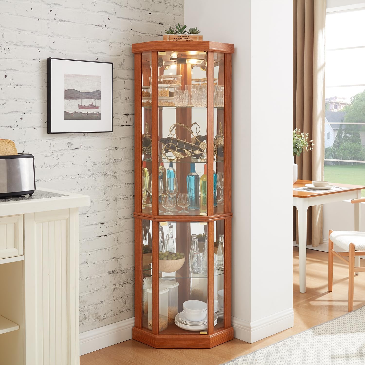 69' H Lighted Corner Display Cabinet, 5-Tier Wooden Curio Glass Cabinet with Adjustable Shelves & Glass Door, Corner Storage Display Case with Mirrored Back Pane for Living Room (Dark Oak)