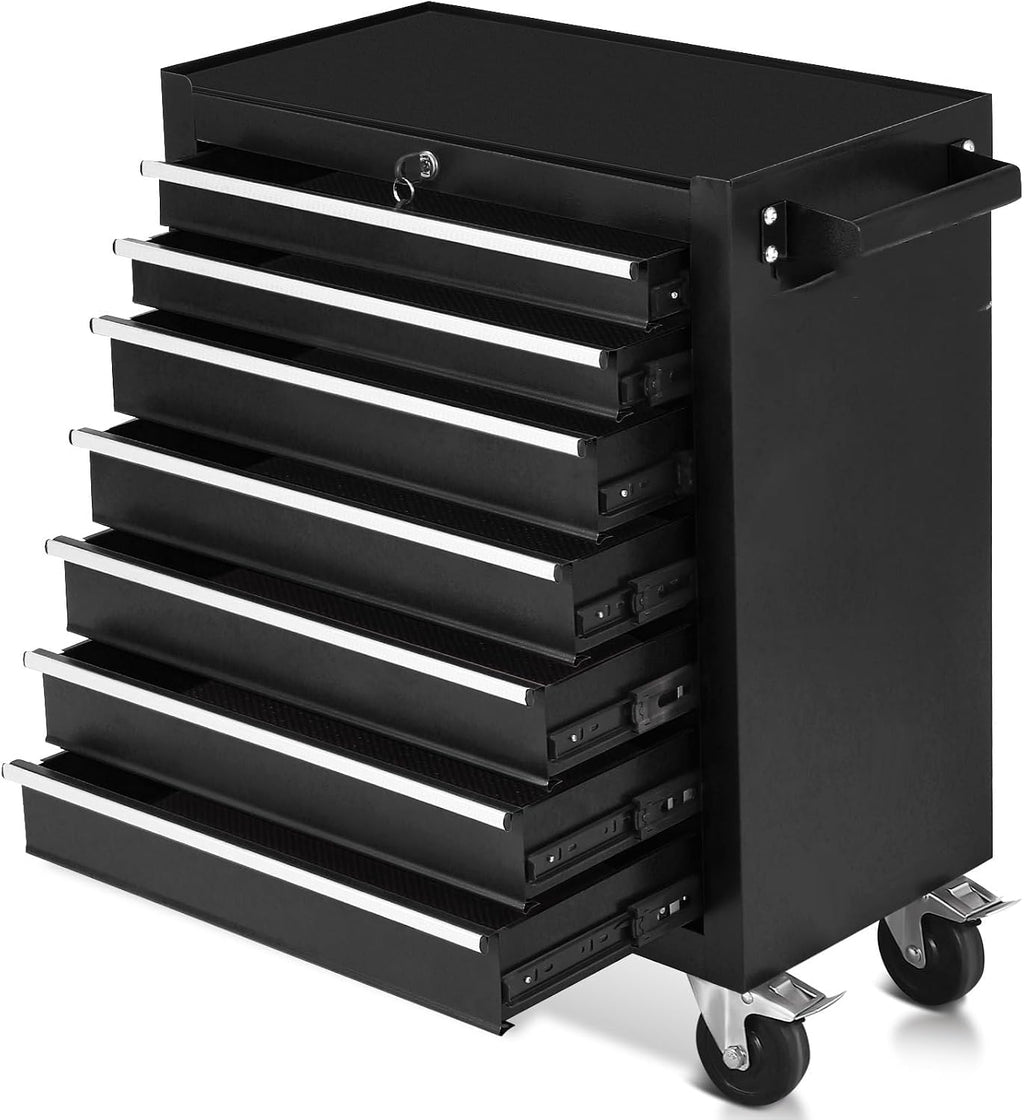 7-Drawer Tool Box with Wheels, 24 inch Rolling Tool Chest and Organizer for Garage & Workshop, Includes Detachable Top, Lockable Wheels and Sliding Drawers, Essential Tool Chest Cabinet Organizer