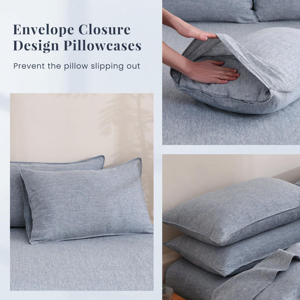 S VICTORY SYMBOL 100% Organic Linen Chambray Sheets Set Queen Size,Washed French Flax Bed Sheets 4 Pieces(2 Pillowcases,1 Fitted Sheet,1 Flat Sheet) Blue Denim,Yarn Dyed Natural Linen Bedding