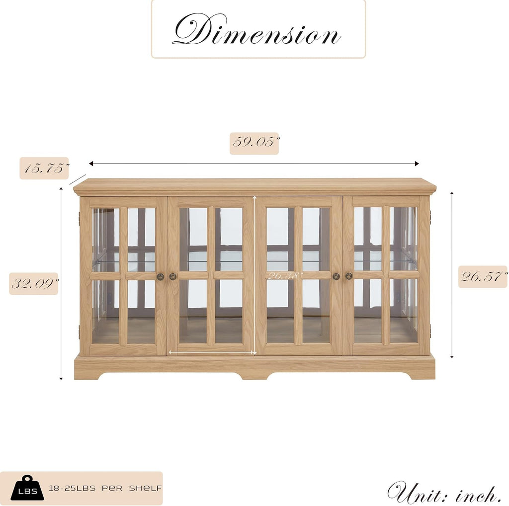 59' W LED Curio Cabinet with 7 Color Lights, Vintage Glass Display Case with Glass Doors, Smartphone-Controlled, Short Wooden China Cabinet with Adjustable Shelves for Living Room, Entryway(Light Oak)