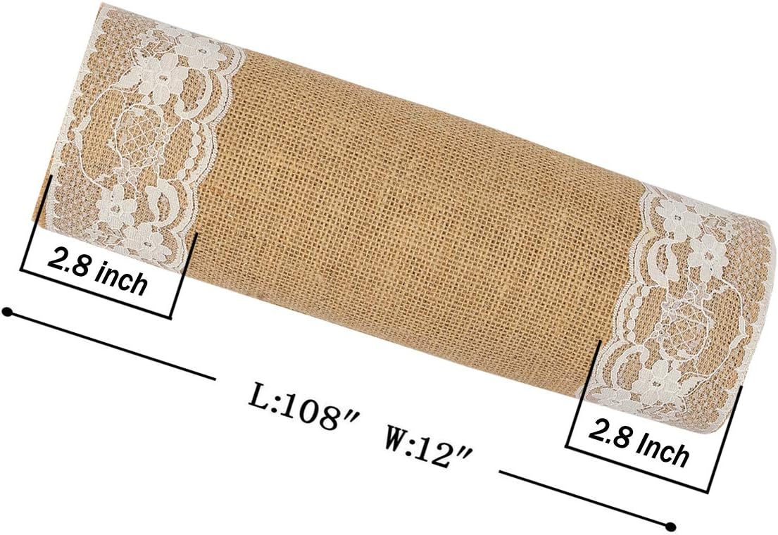 MDS Pack of 10 Wedding 12 x 108 inch Vintage Lace Burlap Table Runner, Rustic Farmhouse Jute Country Vintage Jute Burlap Roll for Wedding,Christmas Xmas New Year Party Jute Runner-Natural