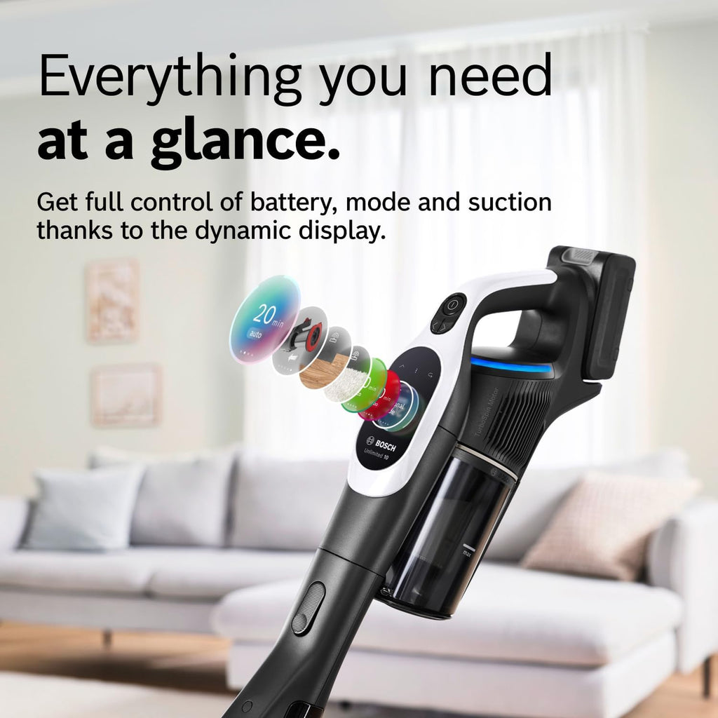 Bosch Unlimited 10 Cordless Stick Vacuum Cleaner - Up to 80 Min Battery, Pet Hair, Hard Floors, Carpets, HEPA Filter, Bendable Tube for Under Furniture, Upholstery, 3 Accessories, White