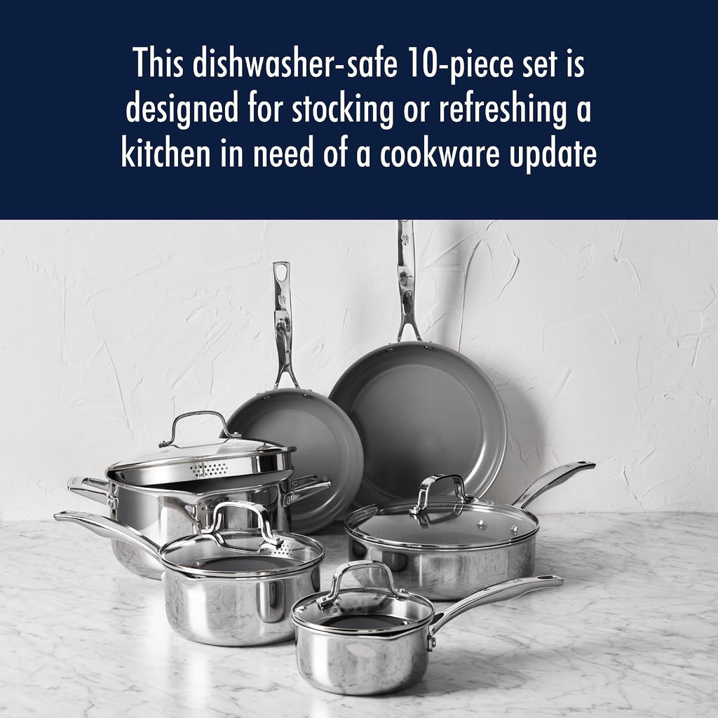 HENCKELS Clad H3 10-pc Induction Ceramic Nonstick Pot and Pan Set, Stainless Steel, Durable and Easy to clean