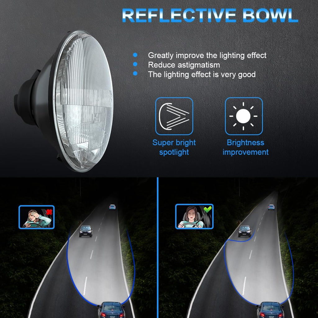 7 Inch Glass Headlight Round Lens Housing+H4/9003 Headlight Bulbs, Clear Lens 7 Inch H6024 Round Headlight Sealed High Low Beam Glass Housing, 4PCS