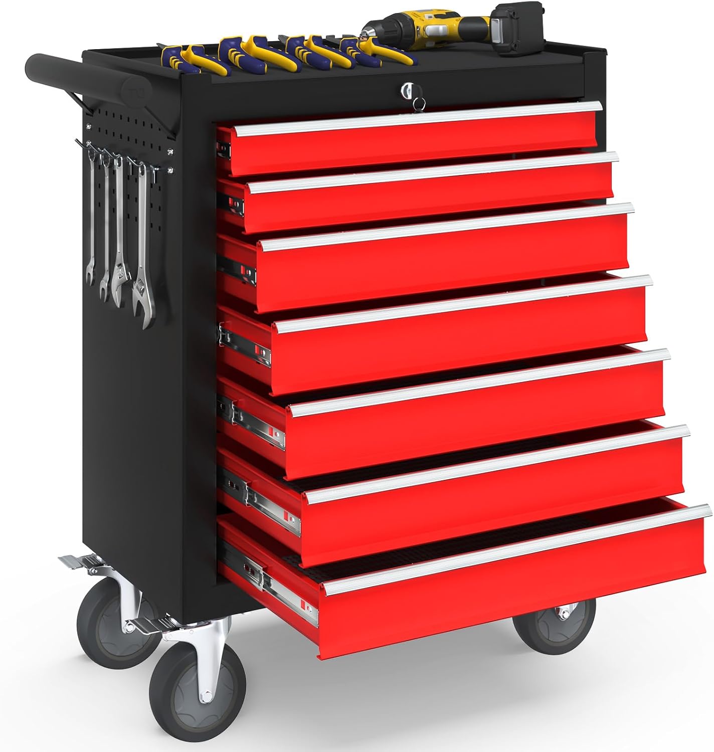 7-Drawer Rolling Tool Chest with Wheels, Tool Box with Locking System and Sliding Drawers, Tool Box Organizer for Garage, Warehouse, Workshop(BlackRed)