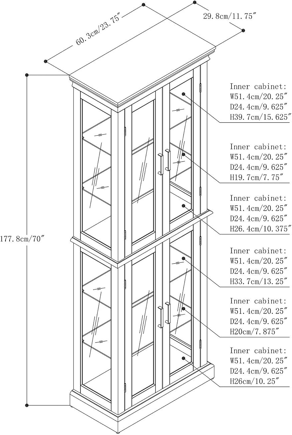 Ball & Cast Lighted Curio Cabinet,6-Tier Glass Display Cabinet with Adjustable Glass Shelves and Mirrored Back Panel for Living Room,E26 Light Blub not Included,Walnut