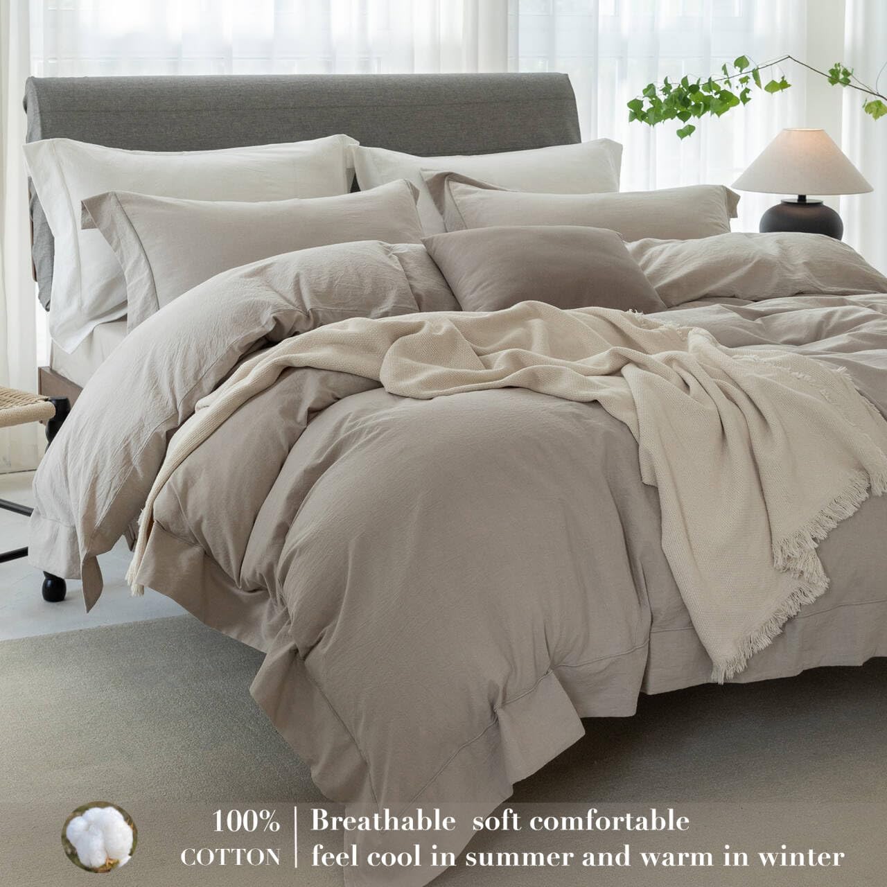 Cooling Duvet Cover Set 3 Pieces-100% Washed Cotton with Chic Wide Trim Design Linen Like Textured Ultra Soft Cozy Bedding with Zipper Closure(Hemmed Beige Grey,Oversized King 120'x98')