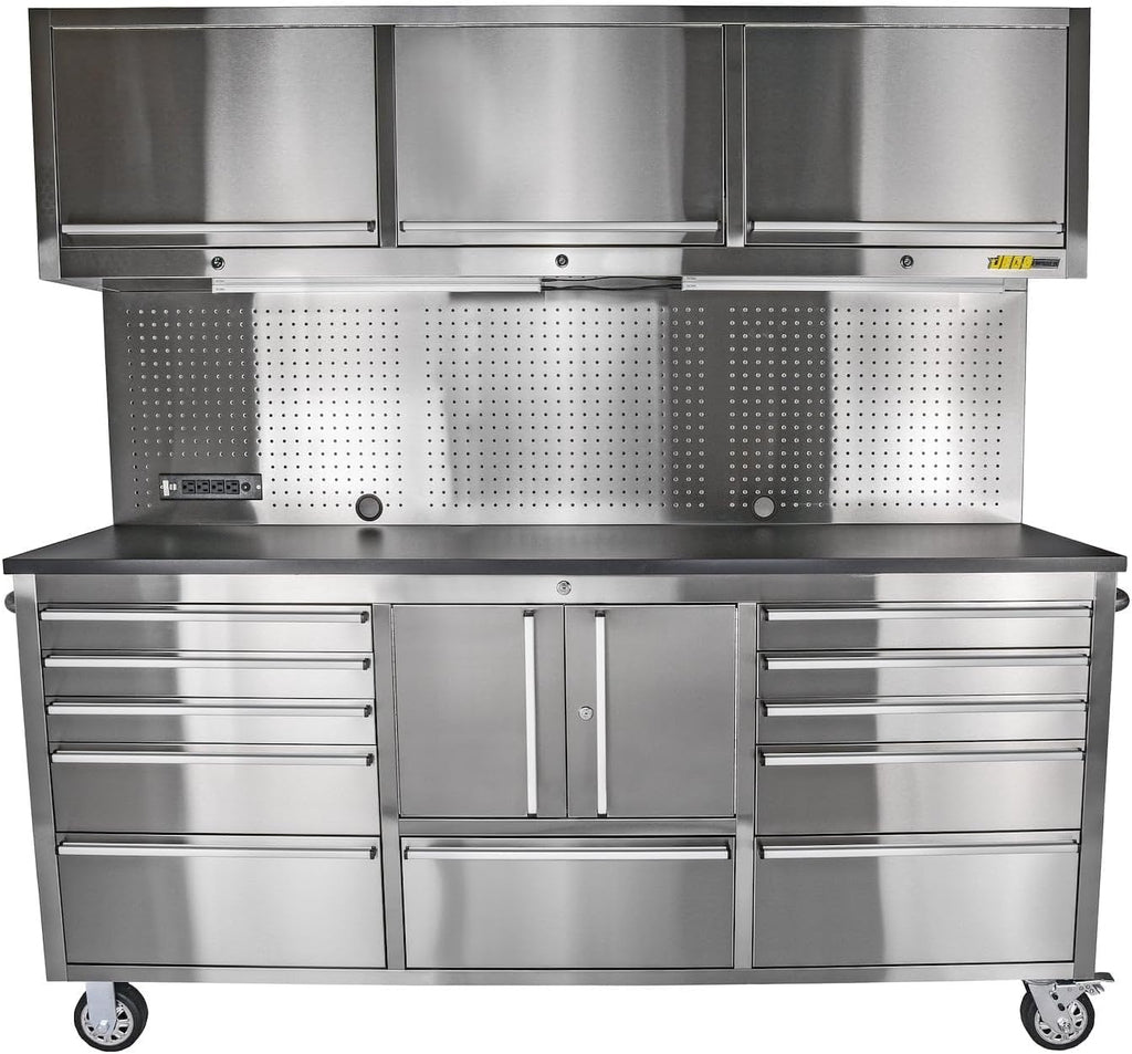JEGS 72 in. Rolling Tool Cabinet/Toolbox. 11-Drawer with Upper Storage [Stainless Steel]