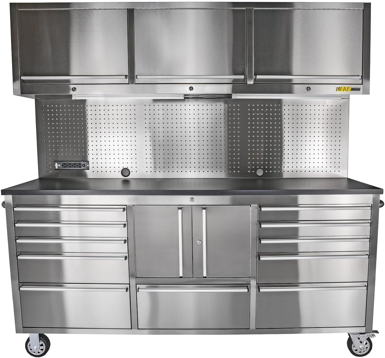 JEGS 72 in. Rolling Tool Cabinet/Toolbox. 11-Drawer with Upper Storage [Stainless Steel]