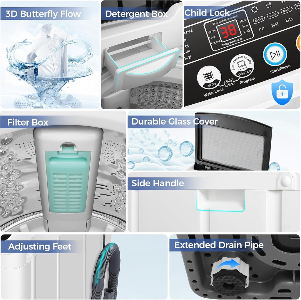 Nictemaw Portable Washing Machine 20Lbs Portable Washer Machine with Drain Pump, 2.8 Cu.ft Washer and Dryer Combo with 10 Programs 8 Water Levels Compact Washer for Apartments- Slow-Close Glass Cover