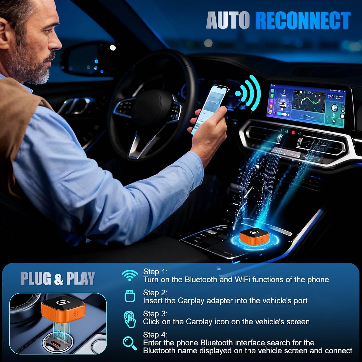 2026 Wireless Car Adapter - Universal Smart Screen Converter, USB-C/Type-C, Plug & Play, Zero Delay Needs Built-in Vehicle System（Orange Color）