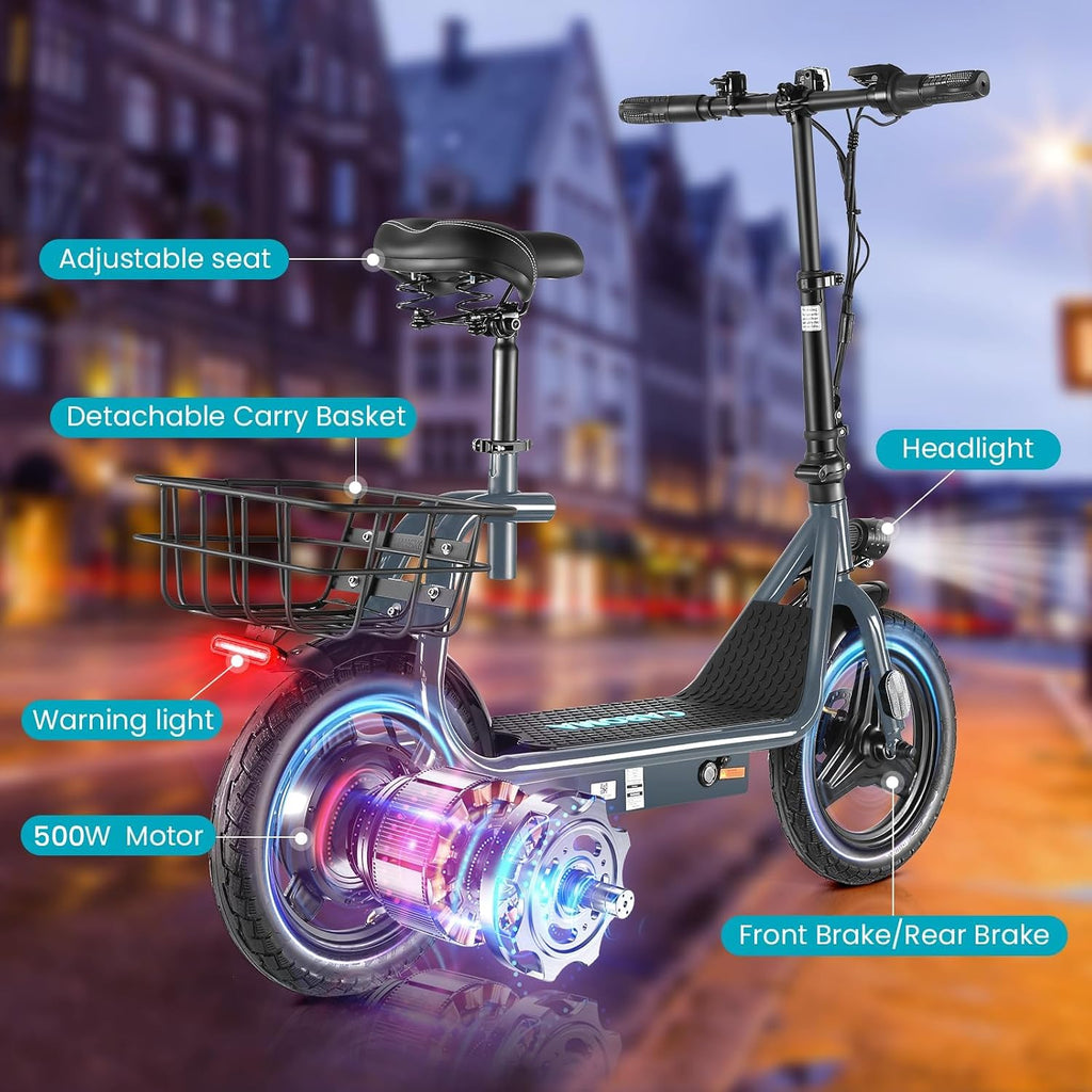 Caroma Electric Scooter with Seat for Adults, 1200W/800W Peak Motor, 30Miles Long Range & 20Mph, 14' Fat Tire Foldable E Scooter with Basket for Commuting, Grocery, Pets