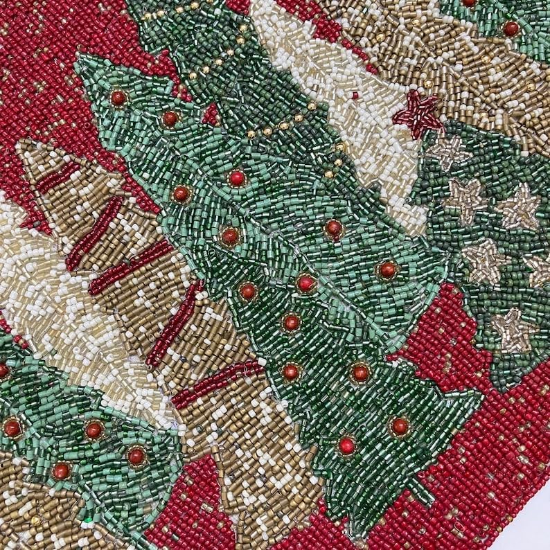 Handmade Christmas Tree Table Runner, Beaded Runner, Red, Green and Gold, 13x36inch for Christmas Thanksgiving Halloween Party Table Decoration - Multicolor