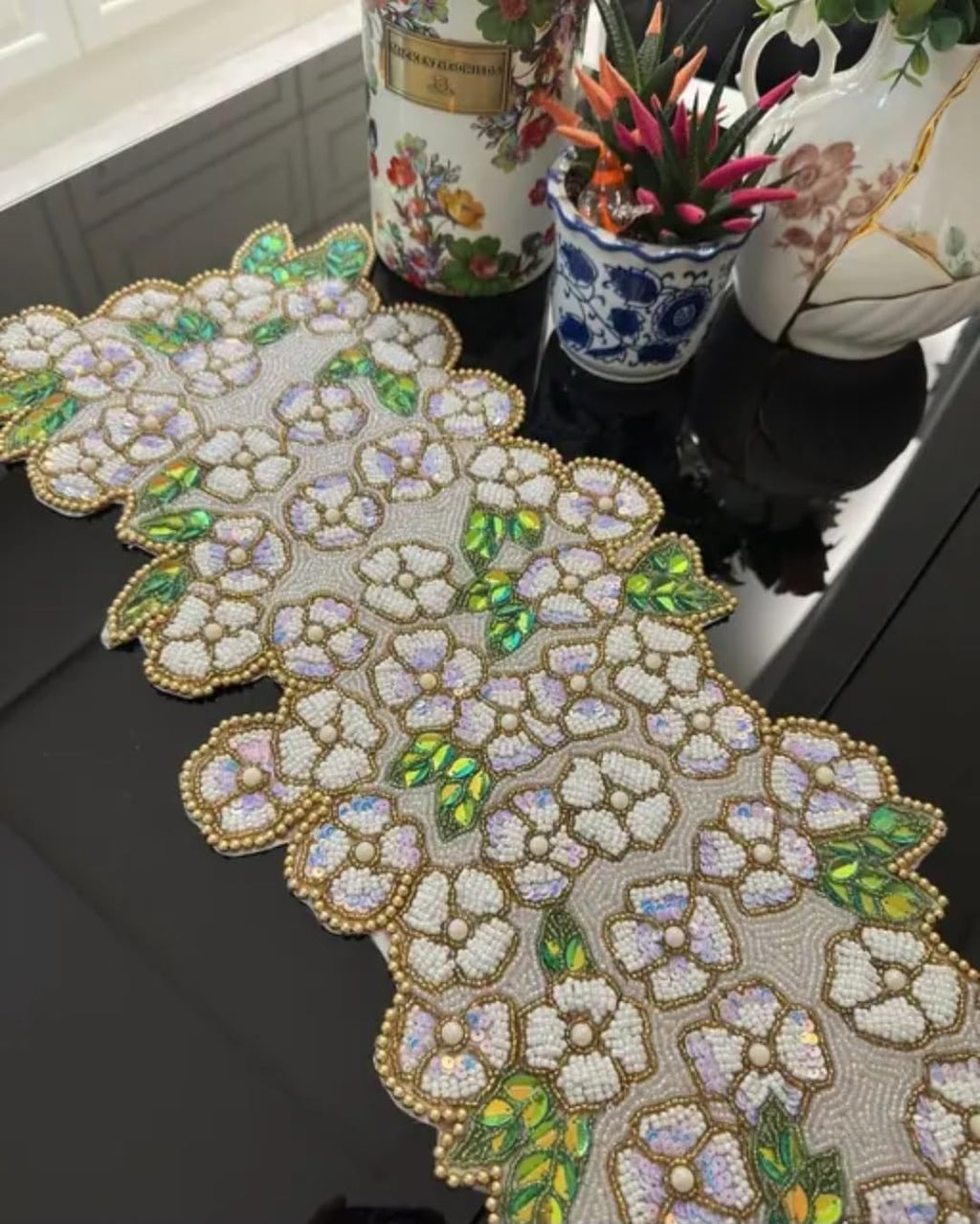 Beaded Table Runner, Floral Design with Gold Trim, White Flowers with Green and Yellow Leaves