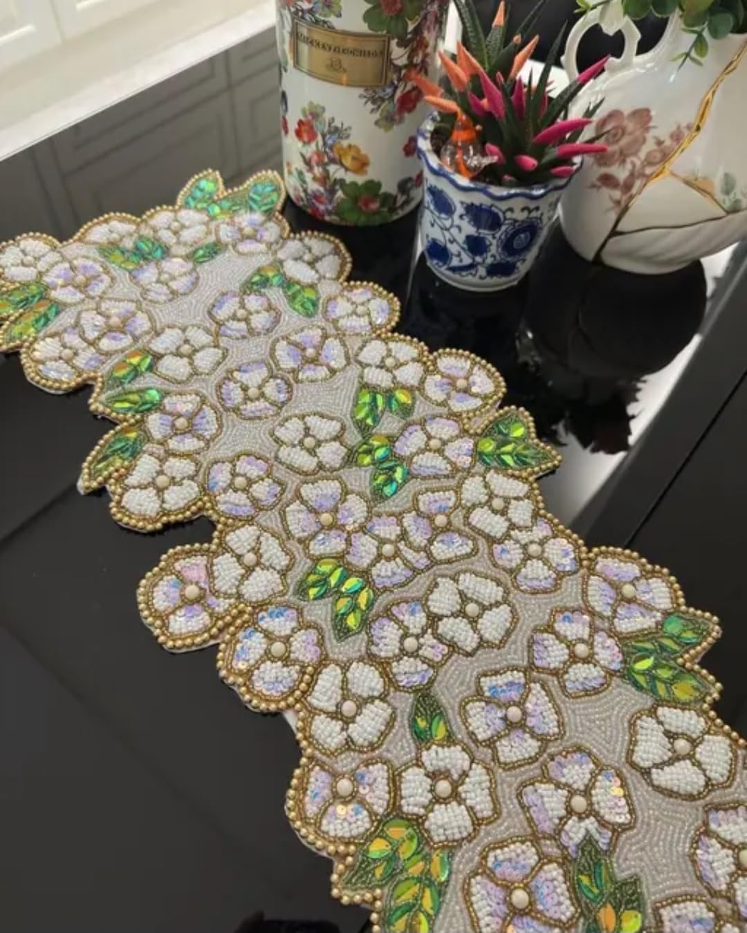 Beaded Table Runner, Floral Design with Gold Trim, White Flowers with Green and Yellow Leaves
