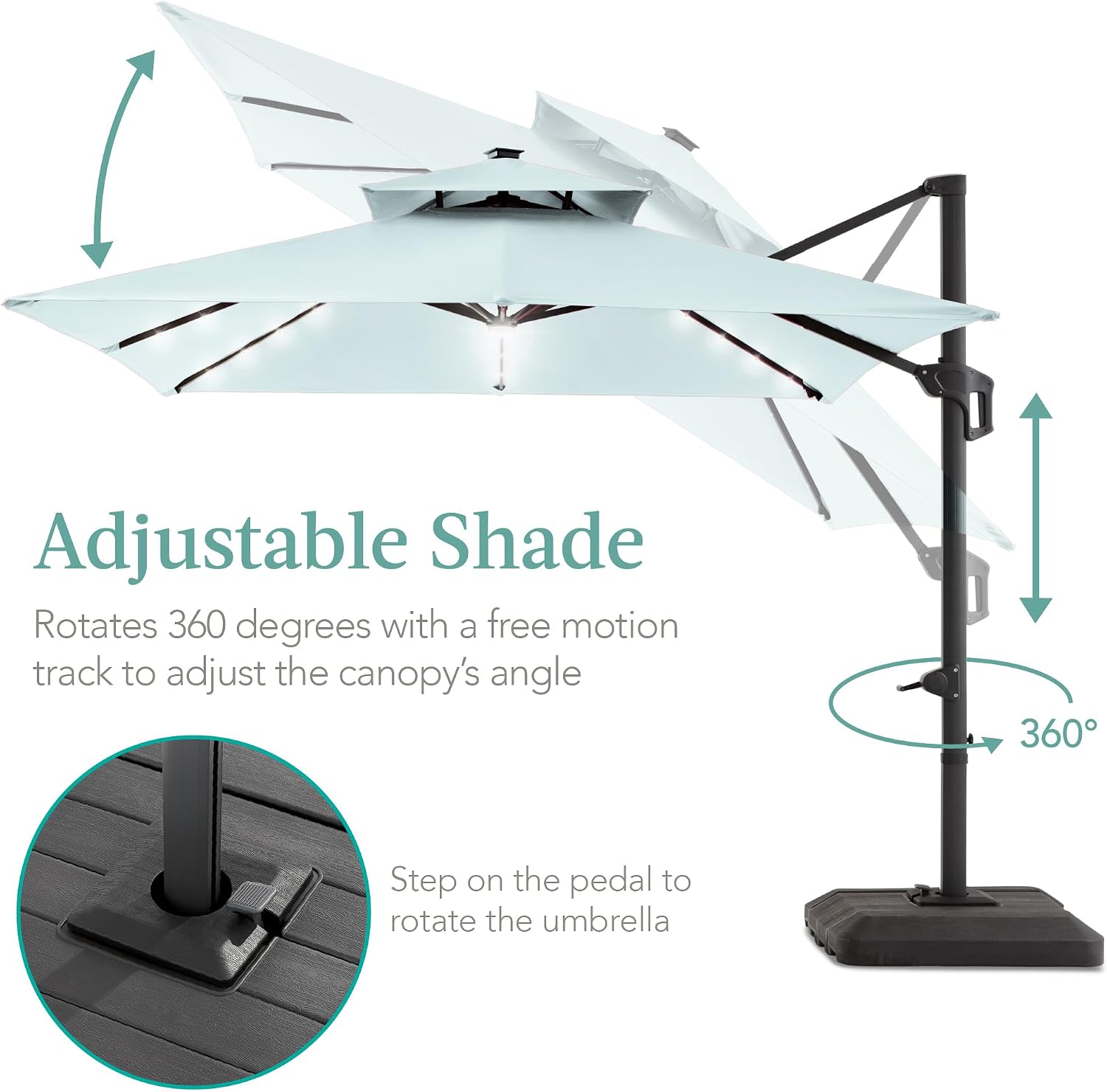 Best Choice Products 10x10ft Cantilever Patio Umbrella w/Base Included, Solar LED Lights 360 Rotation Large Offset Hanging Outdoor Shade for Deck Pool Backyard w/Stand – Baby Blue