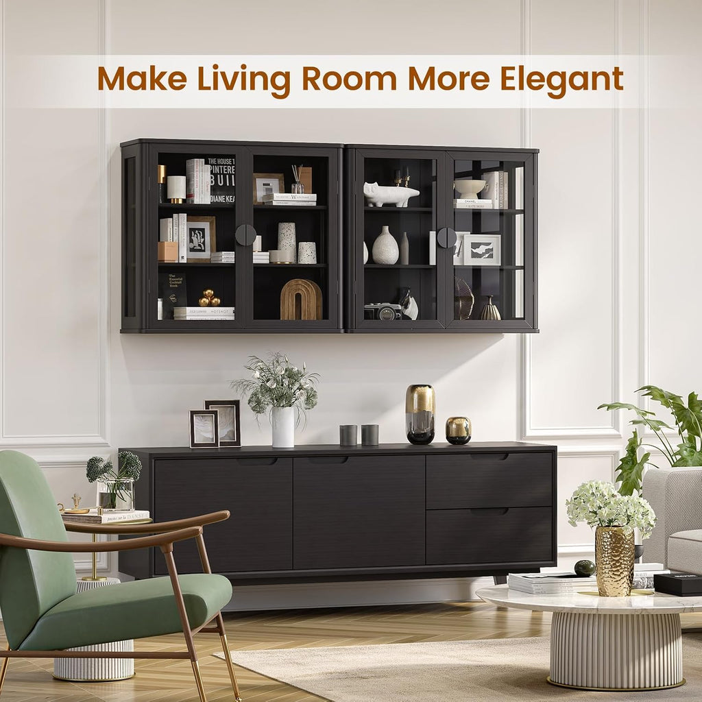 NEWOWNDS 56' Black Wall Storage Cabinets,Kitchen Wall Cabinets with Glass Doors,Over The Toilet Storage Cabinets with Tempered Glass, Upper cabinets for Launtry, Kitchen,Bathroom, 28 inch X 2PCS