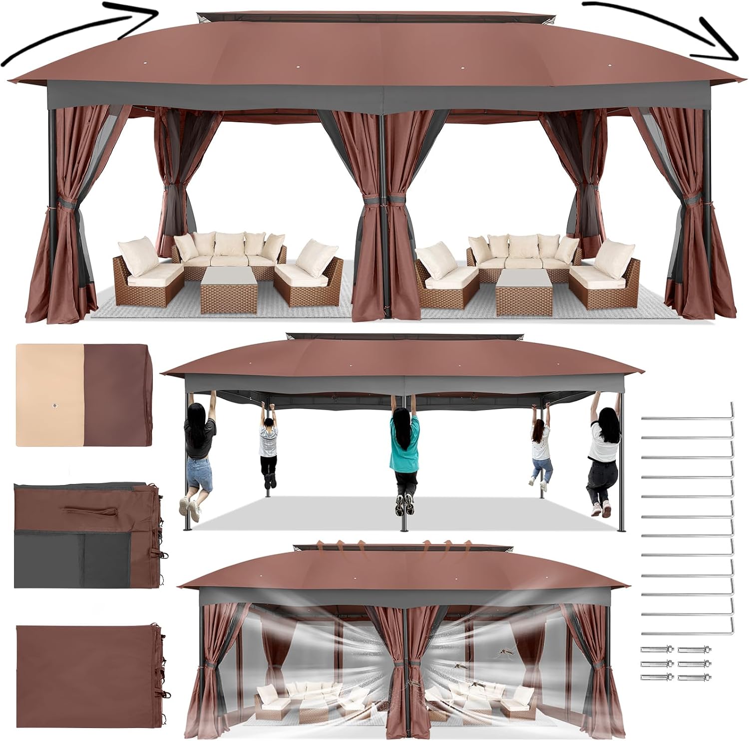 HOTEEL Gazebo 12x20 Heavy Duty Gazebo with Curtain and Netting Outdoor Gazebo Double Roof Patio Gazebo with Metal Steel Frame Gazebo Tent for Patio, Deck, Backyard (Brown, Arc Top, Curtain & Netting)