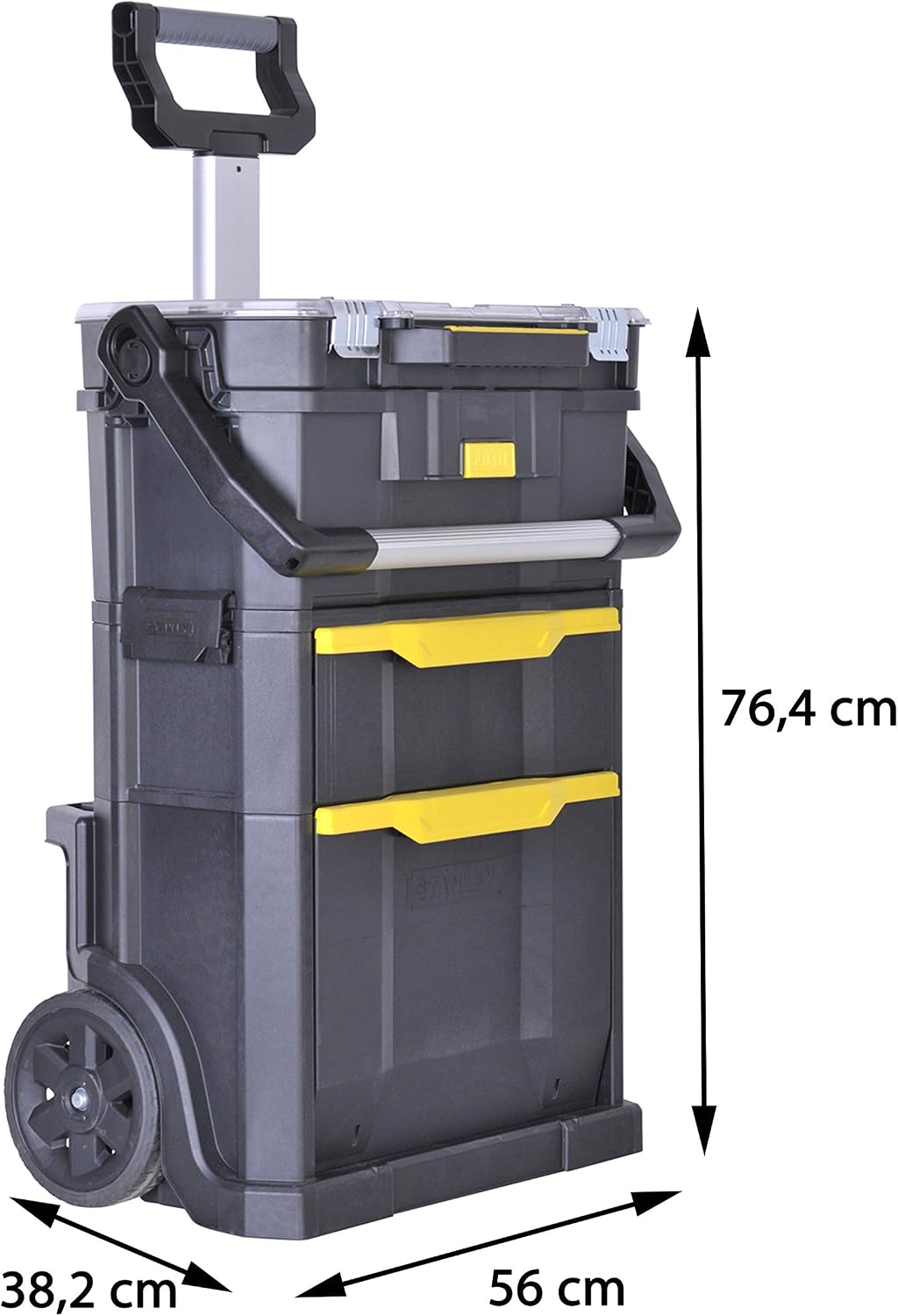 STANLEY 2-in-1 Rolling Workshop Tool Box Empty Tool Box (53 x 75.60 x 32 cm, Tool Carrier with Organiser Attachment, with Two Large Compartments, Telescopic Handle, Made of Robust Plastic) STST1-79231