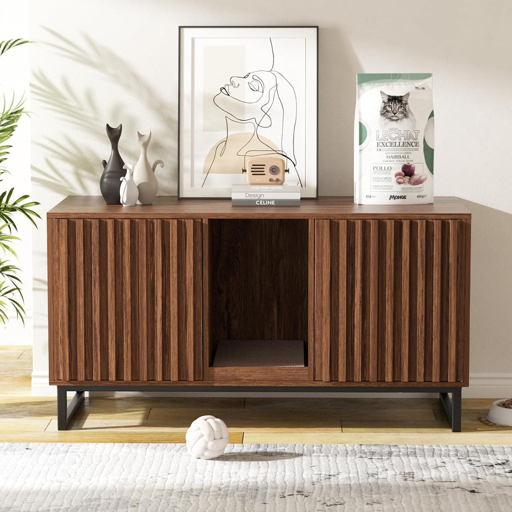 Halitaa Double Litter Box Enclosure,Modern Cat Litter Box Enclosure for 2 Cats, Hidden Litter Box with Cat Scratch Pad, Cat Washroom Cat House End Table, Entryway Bench for Livingroom (Brown)