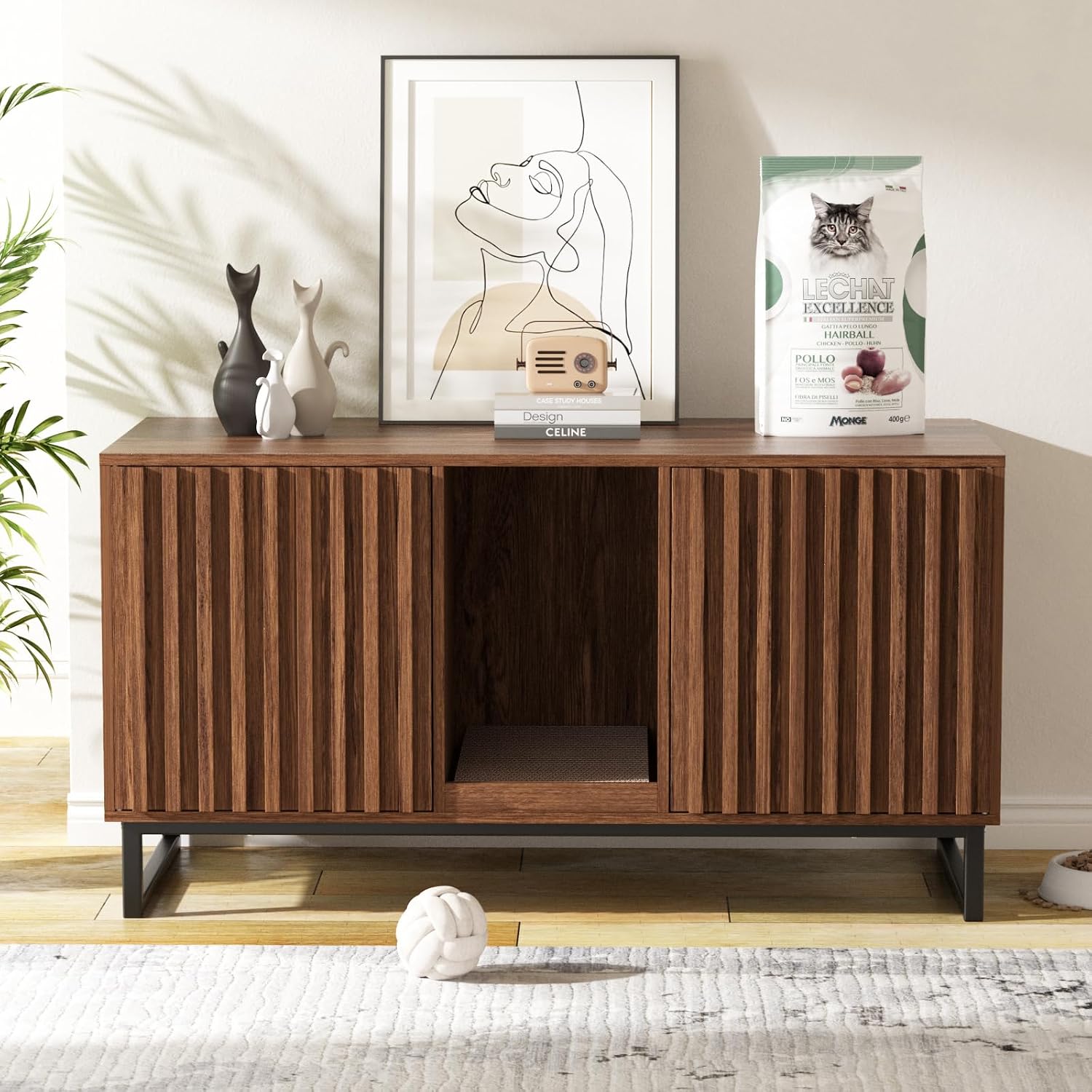 Halitaa Double Litter Box Enclosure,Modern Cat Litter Box Enclosure for 2 Cats, Hidden Litter Box with Cat Scratch Pad, Cat Washroom Cat House End Table, Entryway Bench for Livingroom (Brown)