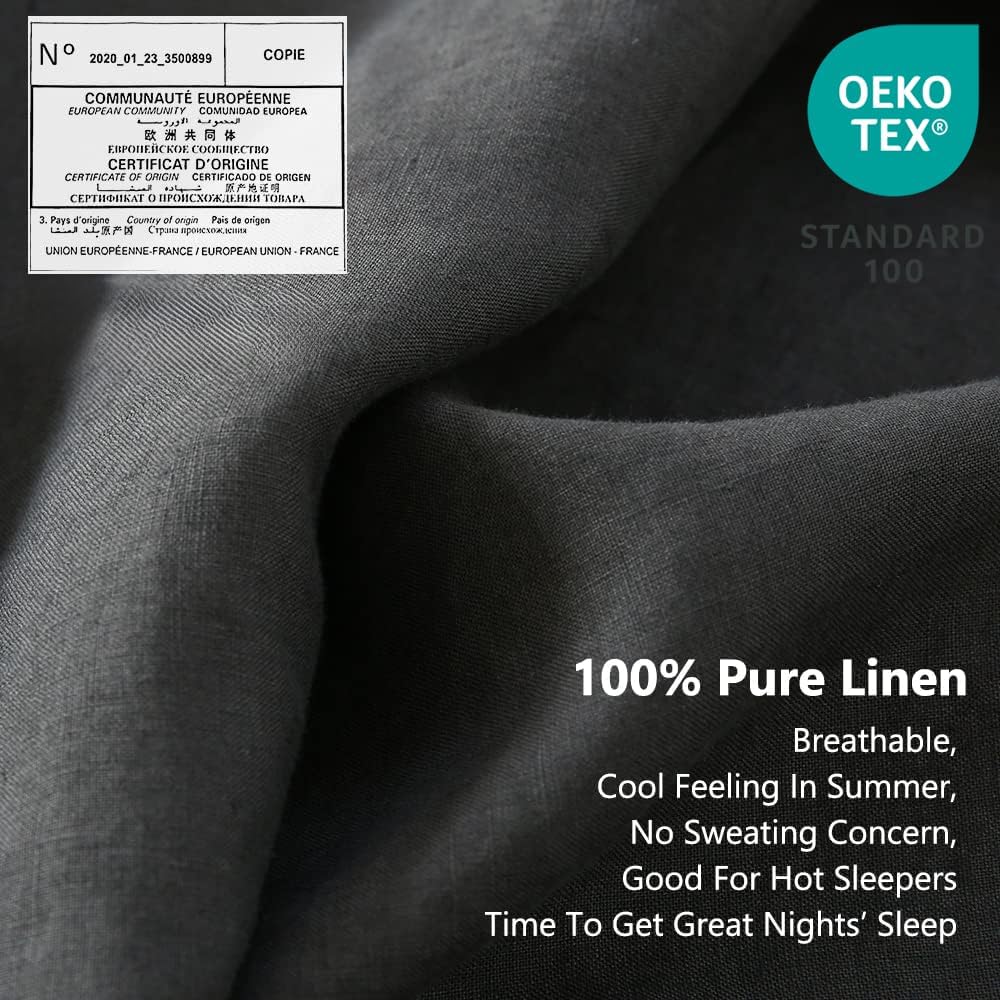 Simple&Opulence 100% Linen Sheet Set with Embroidery Washed - 4 Pieces (1 Flat Sheet & 1 Fitted Sheet & 2 Pillowcases) Natural Flax Soft Bedding Breathable Farmhouse - Dark Grey, King Size