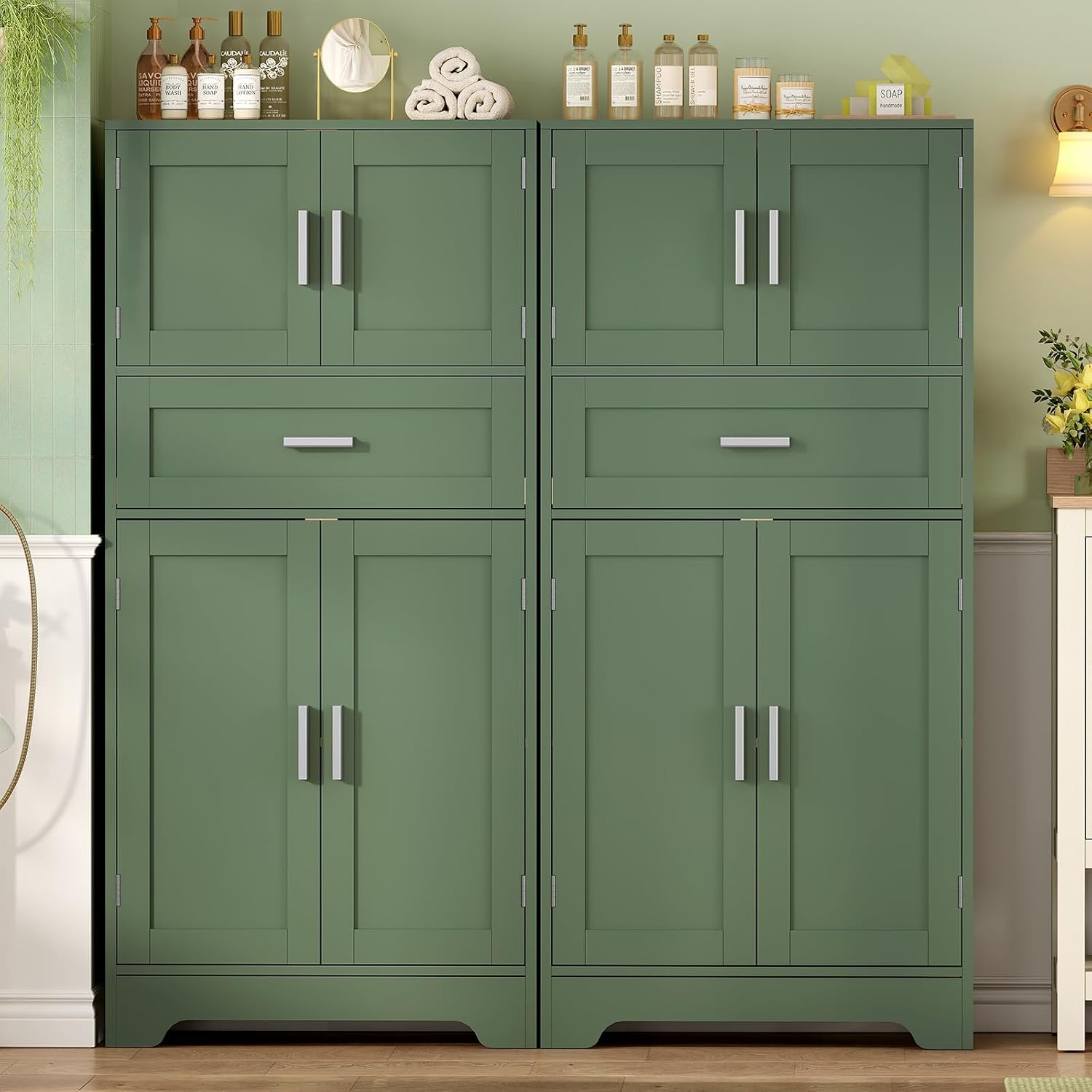 TEENFON Bathroom Floor Storage Cabinet with Adjustable Shelf, Freestanding Storage Cabinet with 4 Doors, Cupboard for Living Room, Home Office, Entryway, Forest Green