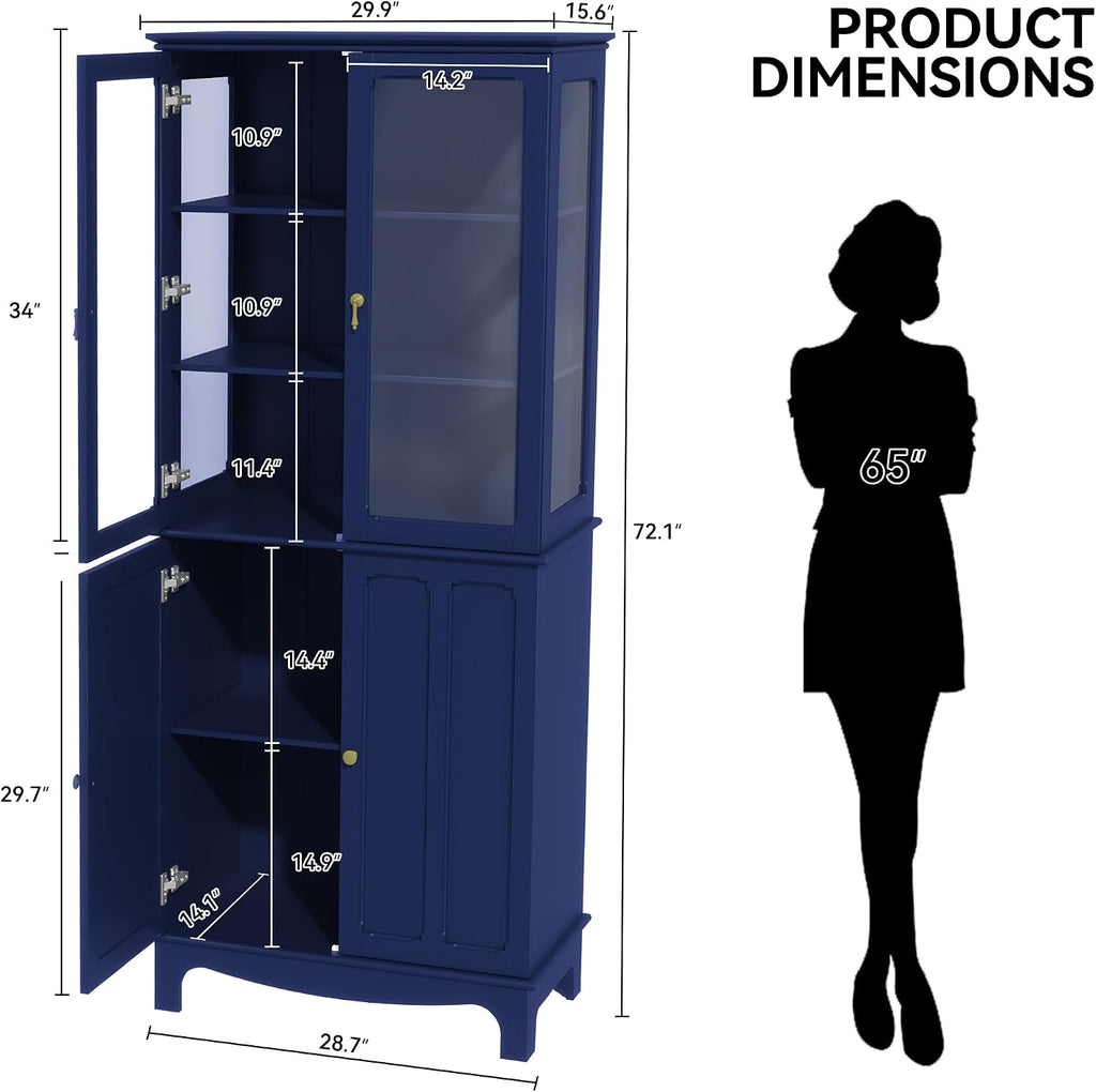 ARTPOWER 72' Freestanding Kitchen Pantry Storage Sideboard, Classical Tall Cabinet with Glass Door and Adjustable Shelves for Kitchen, Livingroom and Dining Room, Navy Blue
