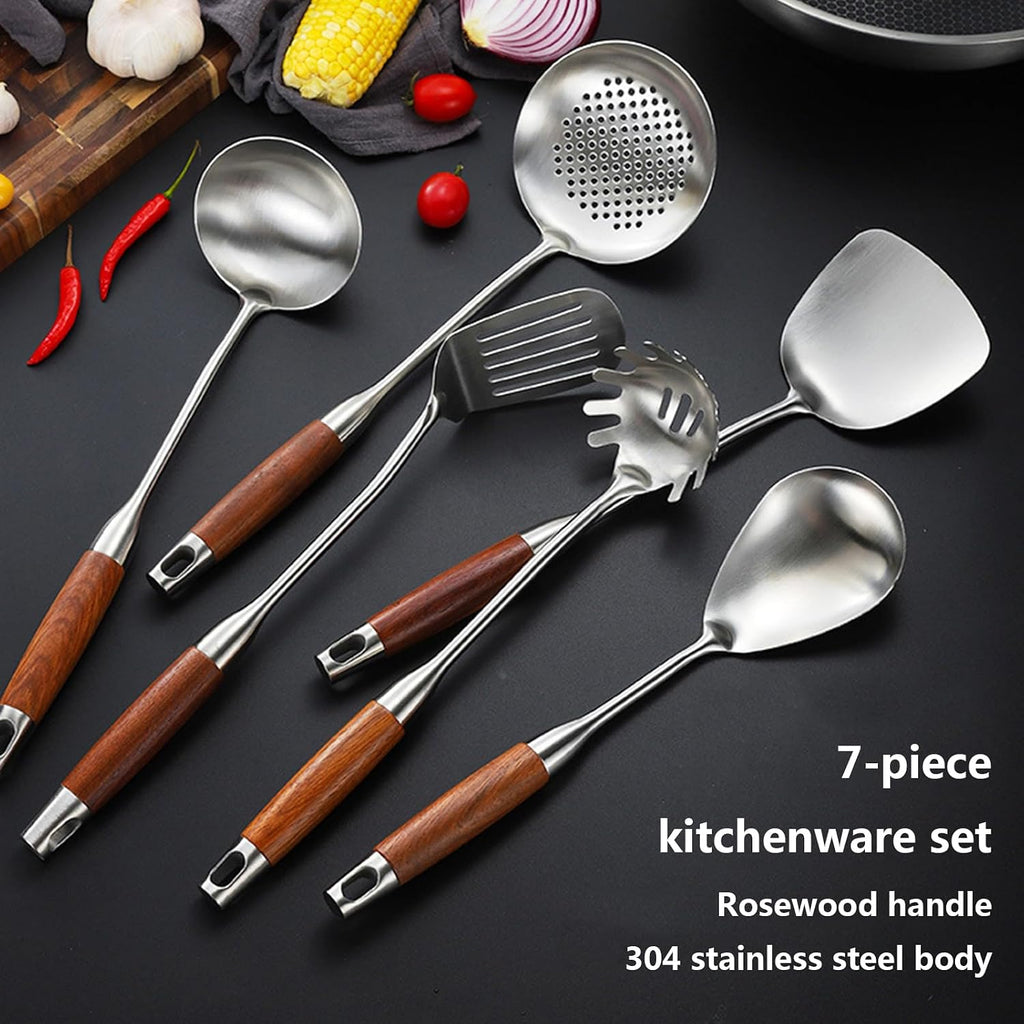 7 PCS Kitchen Cooking Utensils Set Stainless Steel Kitchenware Cookware Set with Holder Metal Kitchen Utensils Set with Wood Heat-Insulated Handle Dishwasher Safe