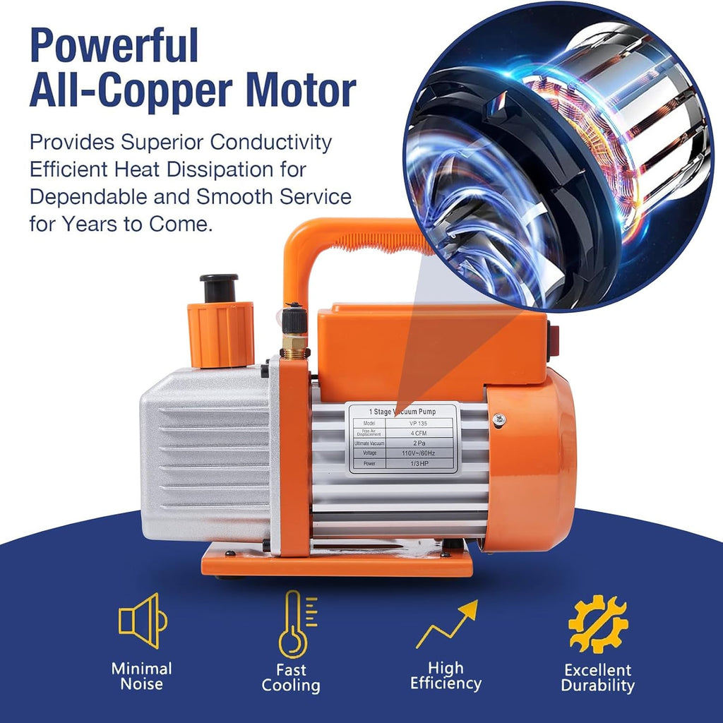 BACOENG R32 AC Vacuum Pump and Gauge Set, 4 CFM HVAC Vacuum Pump Kit for AUTO/Mini Split System, Sparkless Motor for R32 R410a R22 Refrigerants - w/ R410a Mini Split Adapter & 3x5FT Hoses