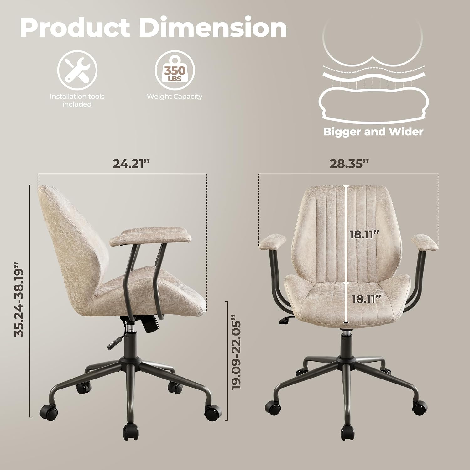 ovios Ergonomic Office Chair, Mid Back Faux Leather Executive Chairs with Armrests, Comfy Mid-Century Modern Swivel Rolling Computer Armchair (Beige, Suede Leather)