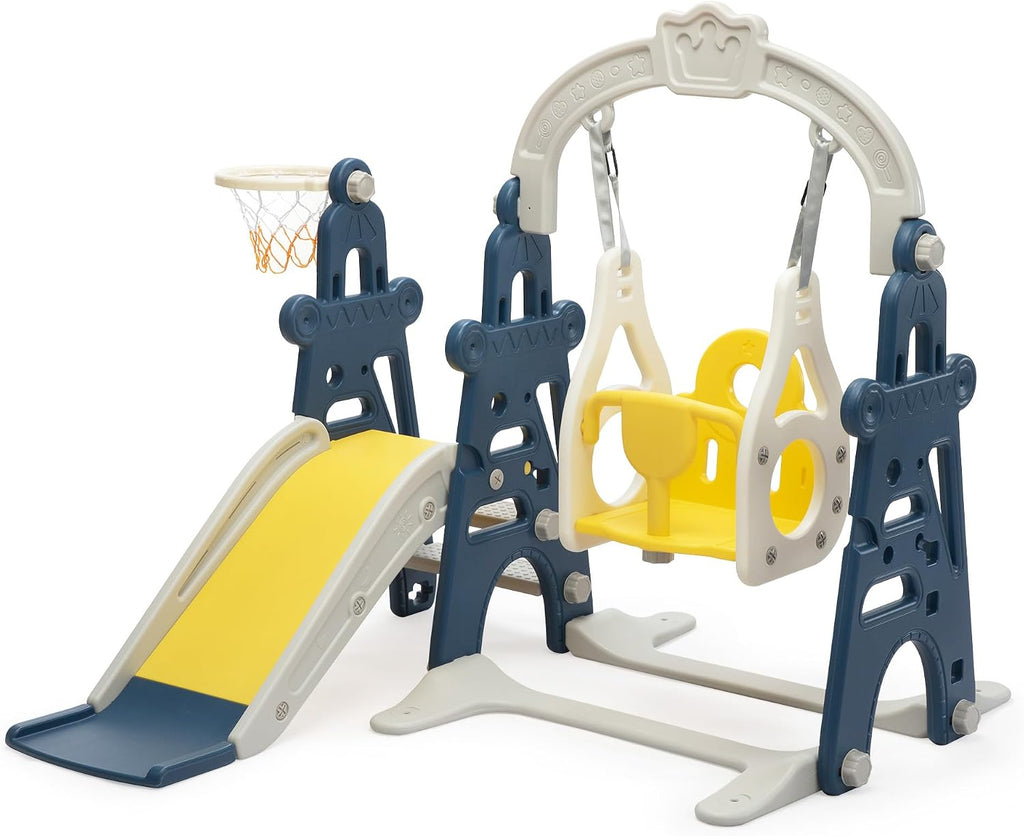 3-in-1 Kids Slide for Toddlers Age 1-3 Slide and Swing Set,Indoor Playground for Children,Freestanding Outdoor Slides with Basketball Hoop,Outside Climber Playhouses,Baby Climbing Toys Blue