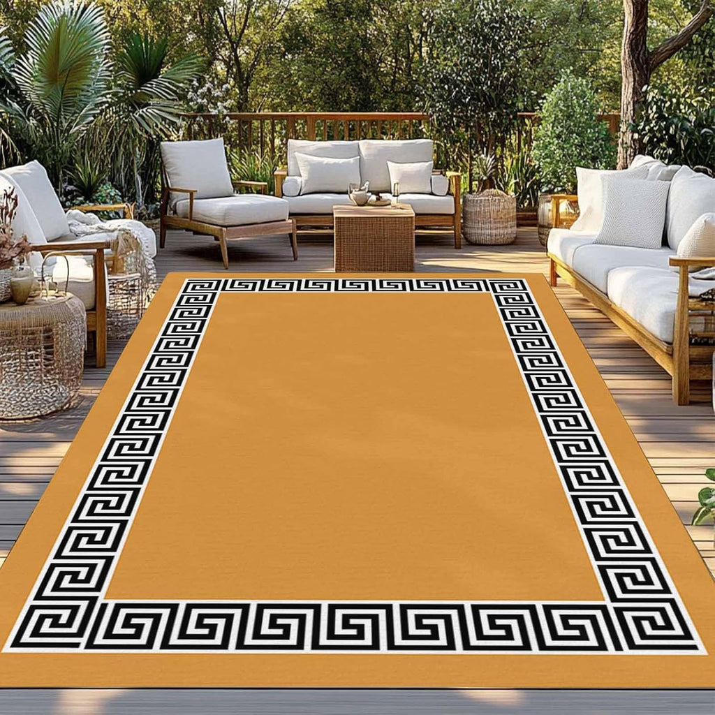 Outdoor Rug 4x6ft Modern Greek Geometric Art on Orange Patio Area Rugs Waterproof Easy Cleaning Non Shedding Thick Mats Geometric Carpet for Indoor Outdoor Porch Deck Backyard Balcony