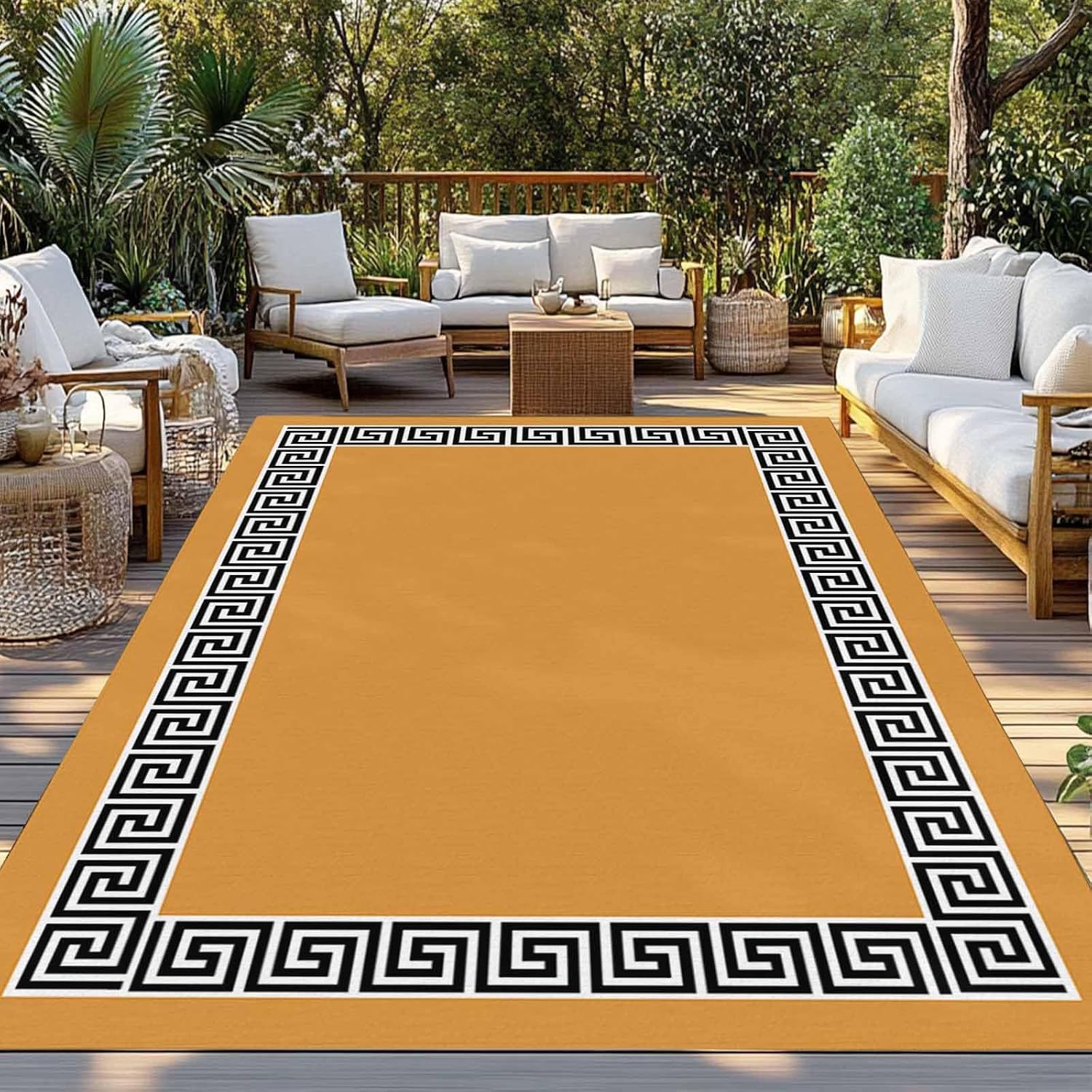 Outdoor Rug 4x6ft Modern Greek Geometric Art on Orange Patio Area Rugs Waterproof Easy Cleaning Non Shedding Thick Mats Geometric Carpet for Indoor Outdoor Porch Deck Backyard Balcony