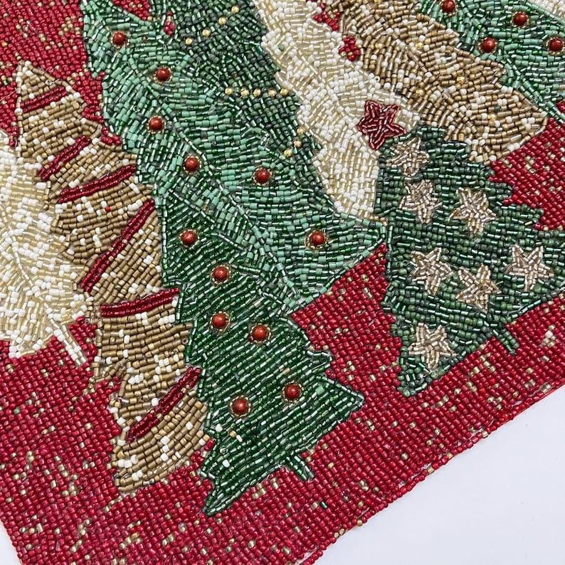 Handmade Christmas Tree Table Runner, Beaded Runner, Red, Green and Gold, 13x36inch for Christmas Thanksgiving Halloween Party Table Decoration - Multicolor