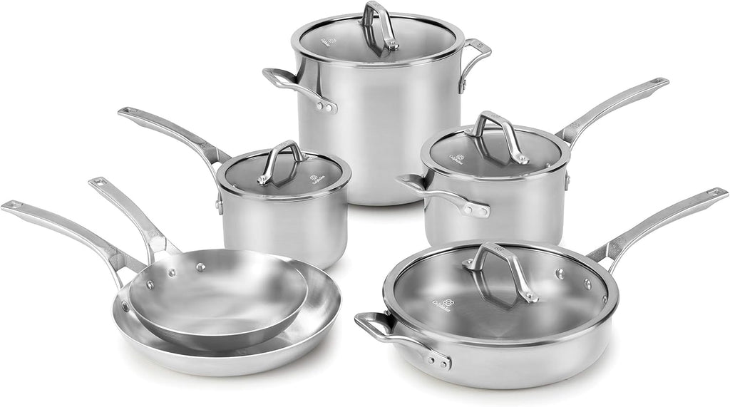 Calphalon 5-Ply Stainless Steel Cookware Set 10 Piece Includes Frying Pans, Pots and Pans Set, Induction, Oven Safe 500F, Silver
