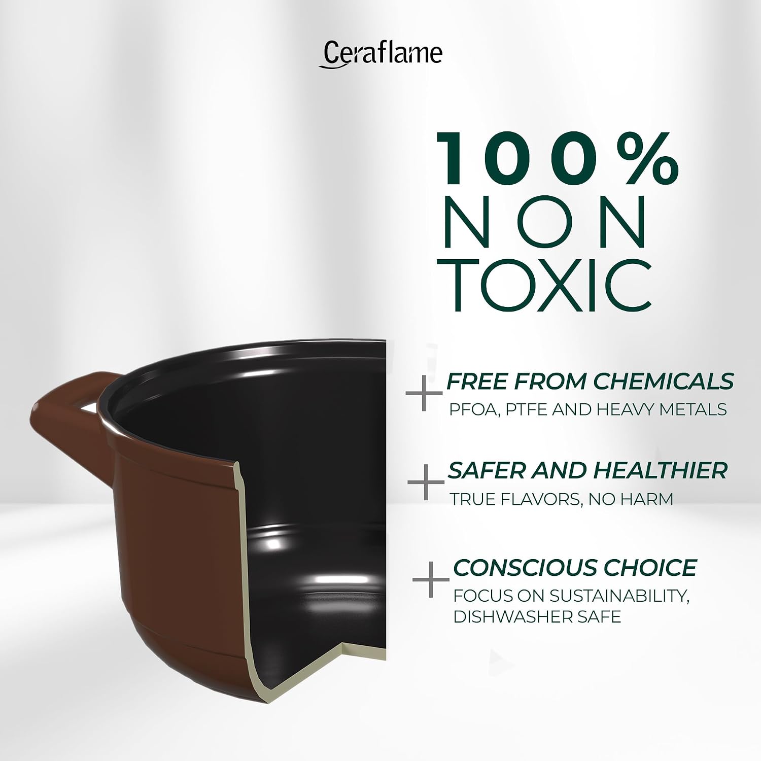 Pure Ceramic, Healthy, Non Toxic Cookware Set - Oven Safe Up to 1200F, Microwave and Dishwasher Safe, Longlasting and Lightweight - PFAS, PTFE, PFOA, PFOS - Cocoa Brown