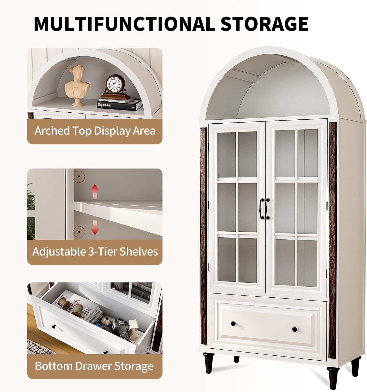 71' Handcrafted Arched Bookcase, Filing Cabinet for Home Office, Wooden Display Cabinet with Glass Doors and Adjustable Shelves for Living Room, Dining Area, and Office, White
